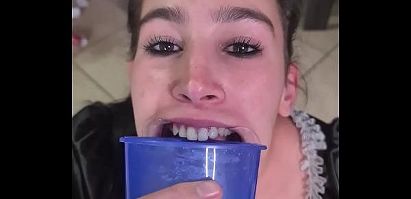  French maid tries to drink her own piss with a lip retractor | funny